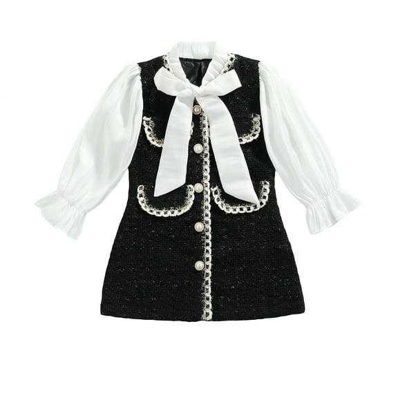 Toddler Baby Girls Puff Long Sleeve Dress Pearls Bowknot Patchwork A-Line Ruffle Dress for Wedding