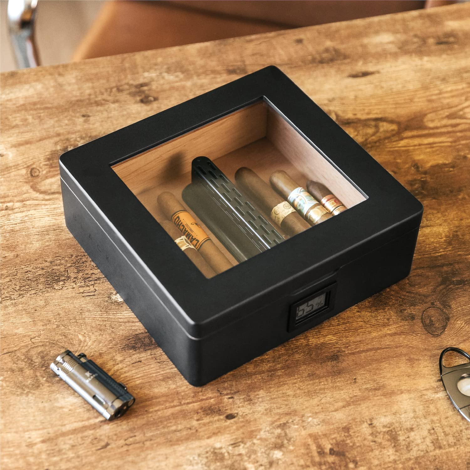 MAG Cigar Humidor with Glass Top, Spanish Cedar, Digital Hygrometer for 20-30 Cigars, Matte Black