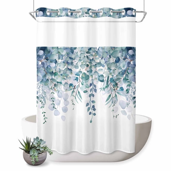 No Hook Shower Curtain with Built-in Rings - Blue Green Eucalyptus Washable Waterproof Fabric Bathroom Curtains for Hotel,Rentals, Stall 48 X 72 Inch , Rustic Watercolor Leaves Floral