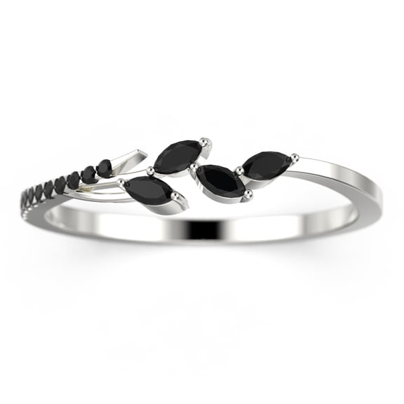 10k White Gold Marquise Cut black diamond moissanite Wedding Band, Leaf Style, Half Eternity, Classic Engagement Jewelry, 0.16ct Anniversary Gift