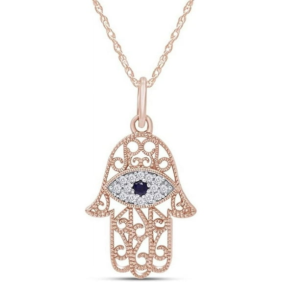 14K Rose Gold Finish Round Cut White Diamond 925 Sterling Silver Hamsa Hand & Evil Eye Pendant Necklace for Women