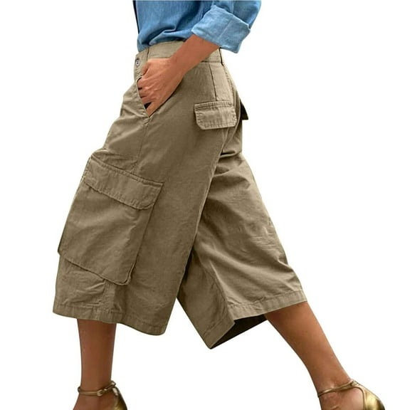 Mohiass Womens Capri Pants Wide Leg High Waisted Cargo Capris for Women Summer Caual Loose Cropped Trousers with Pockets Khaki XL