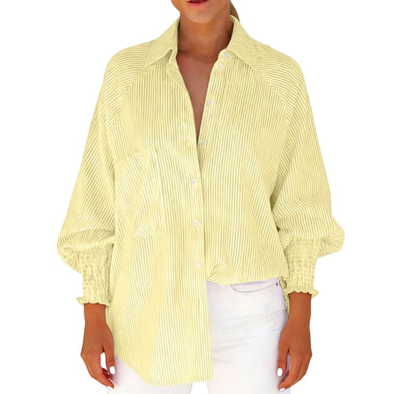 Alun Womens Smocked Striped Boyfriend Shirts Casual Collar Long Sleeve Oversized Button down Blouse Tops with Pocket Trendy Relaxed Fit Comfortable Spring Summer Outfit Yellow XL