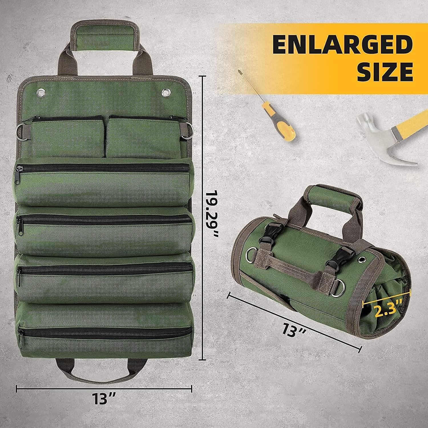 Tool Roll Up Bag, Heavy Duty Tool Organizer For Men Women, Portable Roll Up Tool Bag With 2 Detachable Pouch, Green Tool Storage Kit, Gifts For Dad, F