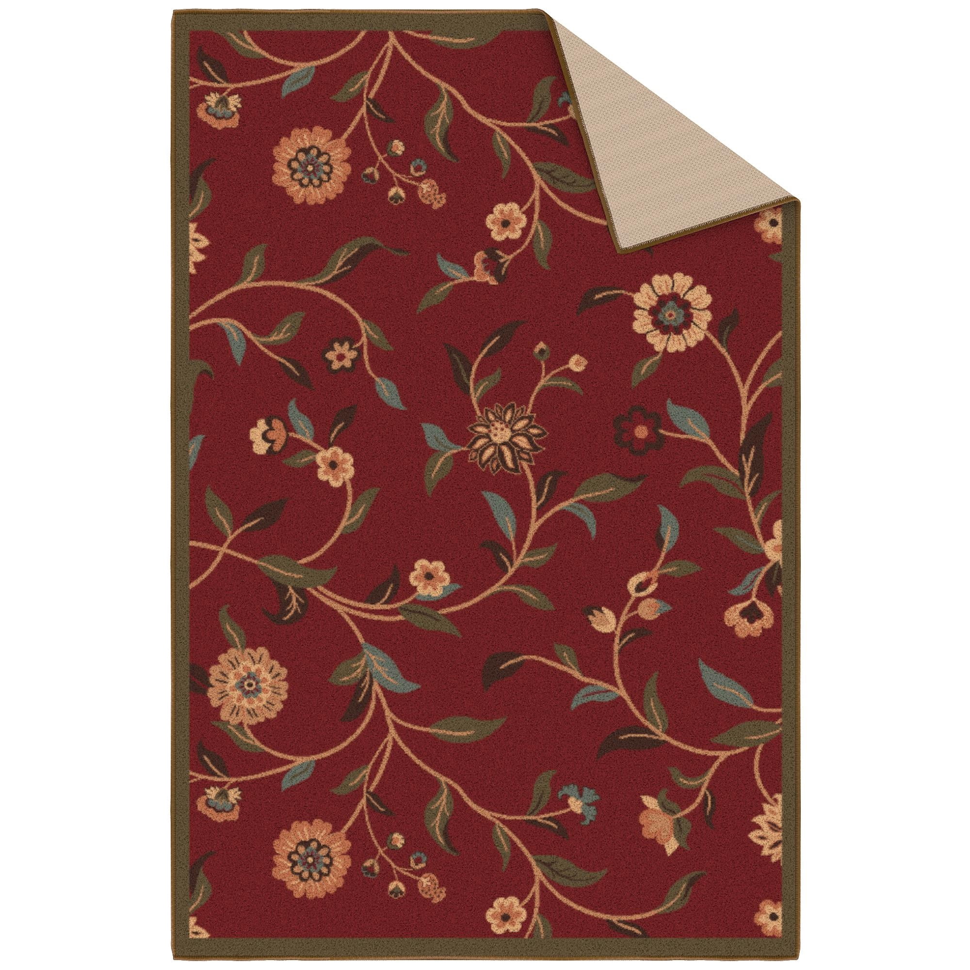 Ottomanson Floral Area Rug 3'3" x 4'7" - Non Slip Low Pile Carpet, Red