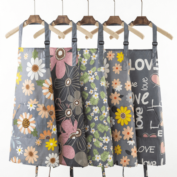 5 Packs Floral Aprons with Pocket for Women,Waterproof Apron Adjustable Kitchen Gardening