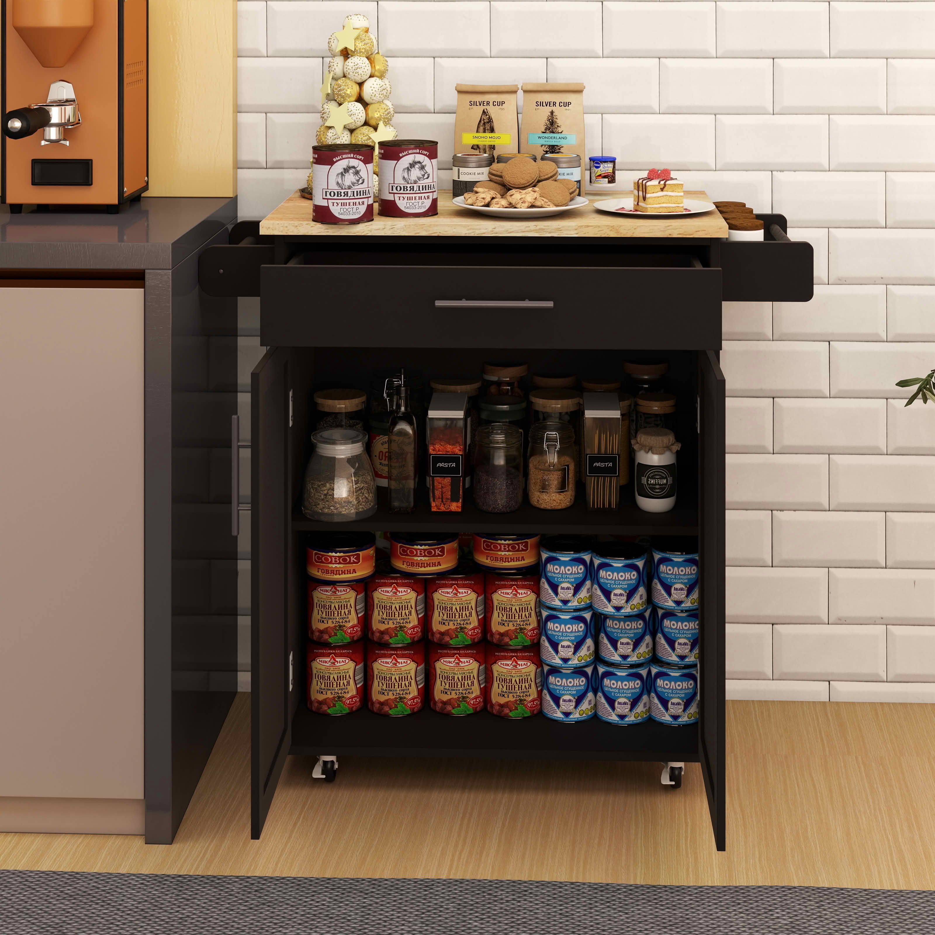 MAYEERTY Kitchen Island Rolling Trolley Cart, Rubber Wood Top with Drawer 2 Doors Adjustable Shelves Towel Rack Seasoning Rack Black
