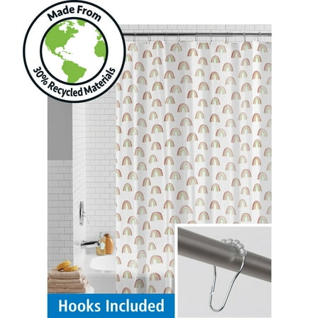 Mainstays Eco-friendly Rainbows Waterproof Recycled PEVA Shower Curtain Set and 12 Hooks, Multicolor