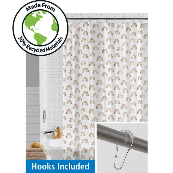 Mainstays Eco-friendly Rainbows Waterproof Recycled PEVA Shower Curtain Set and 12 Hooks, Multicolor