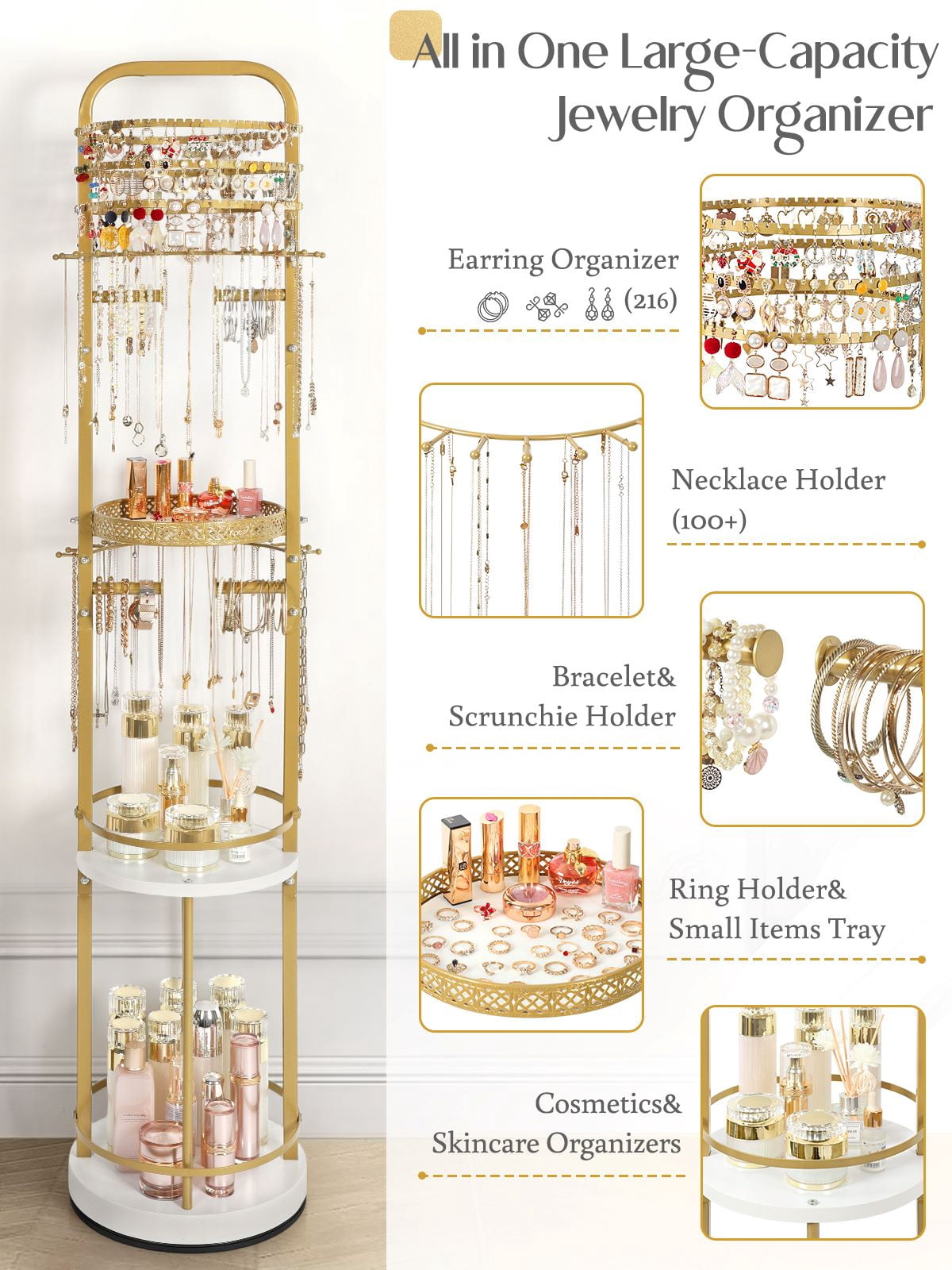 Olakee Rotating Large-Capacity Jewelry Organizer Stand for Earring, Necklace, Bracelet, Ring, Durable Metal & Wood, Girls & Women, Modern, White & Gold