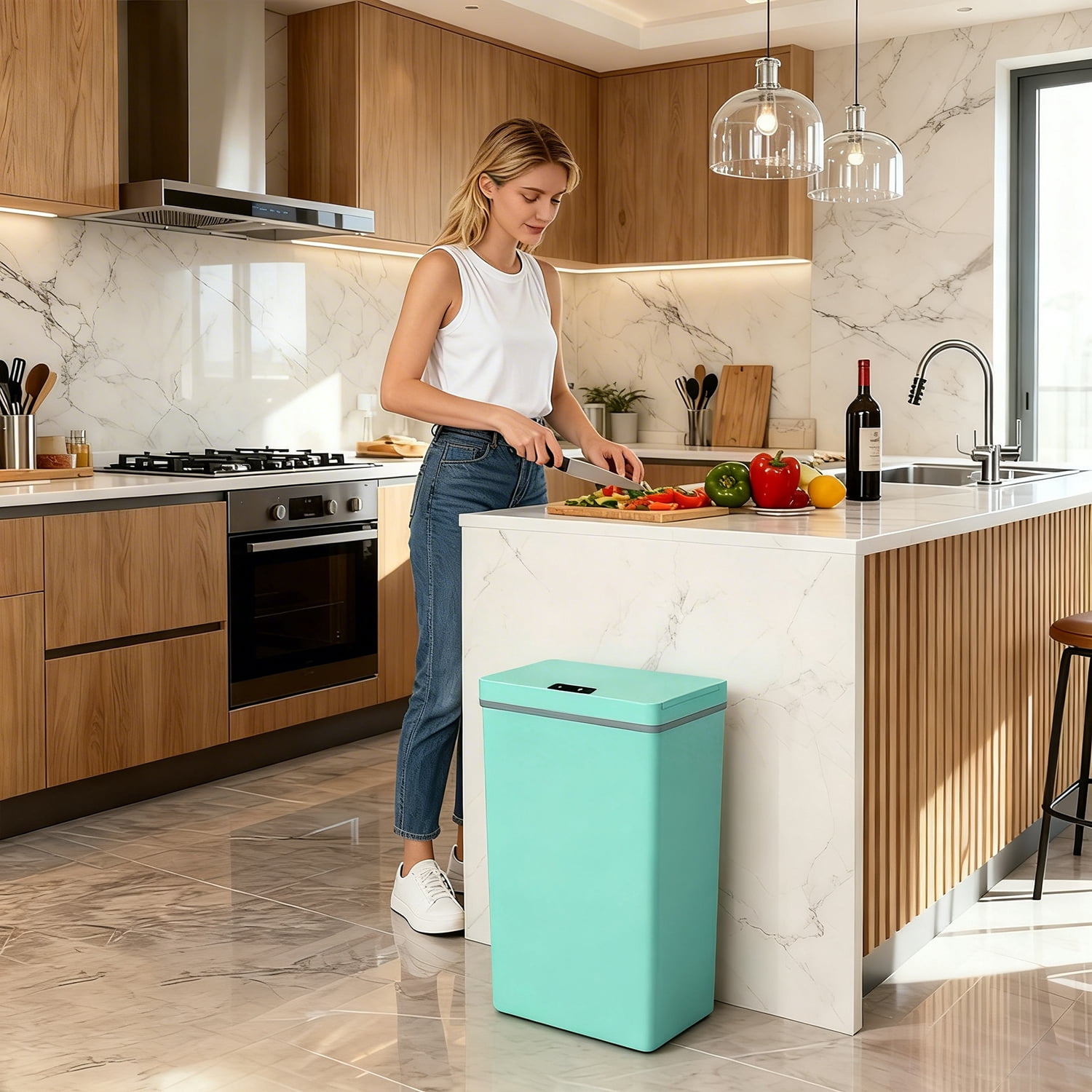 BestOffice 13 gallon Automatic Plastic Trash Can with Lid, Touch Free with Motion Sensor for Indoor Use(Blue)