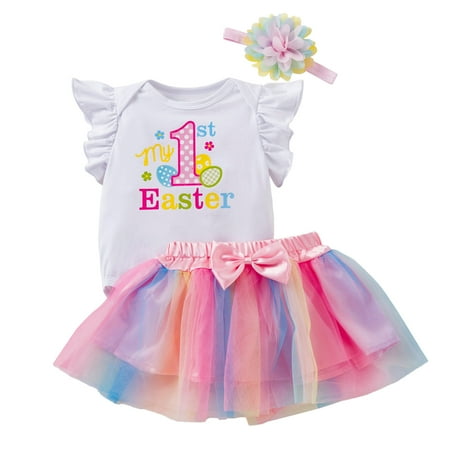 

GWAABD Outfit Baby Girl A Cotton Blend Toddler Girls Day Fly Sleeve Letter Prints Romper Bow Tie Net Yarn Short Skirts Kids Headbands Outfits 12M