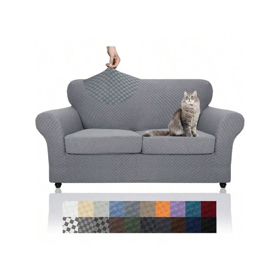 Latest Checkered 3 Pieces Couch Covers For 2 Cushion Couch High Stretch Thickened Love Seat Sofa Cover For Dogs Pets Elastic Loveseat Slipcover Protector Light Gray 5569(2 Cushions)