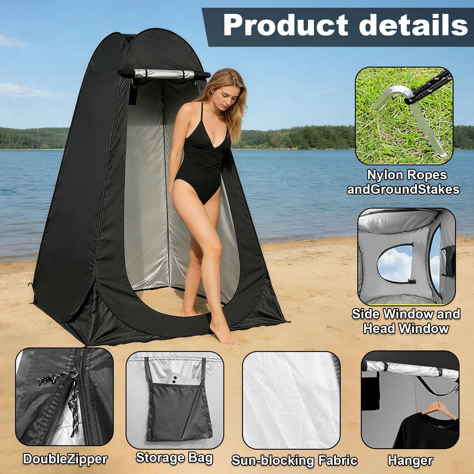 Camping Shower Tent, 3.9 x 3.9 x 6.2ft, Outdoor Pop Up Changing Tent, Portable Bathroom Toilet Tent Privacy Tent with Portable Bag for Camping, Beach, Hiking, Travelling