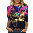 thumbnail image 2 of Cavosen Mardi Gras Cute 3/4 Sleeve Tops for Women Festival Carnival Round Neck Blouse Mask Graphic Print Shirts Holiday Stylish Tops Loose Athletic T-Shirts Party Shrove Tuesday 2XL, 2 of 5