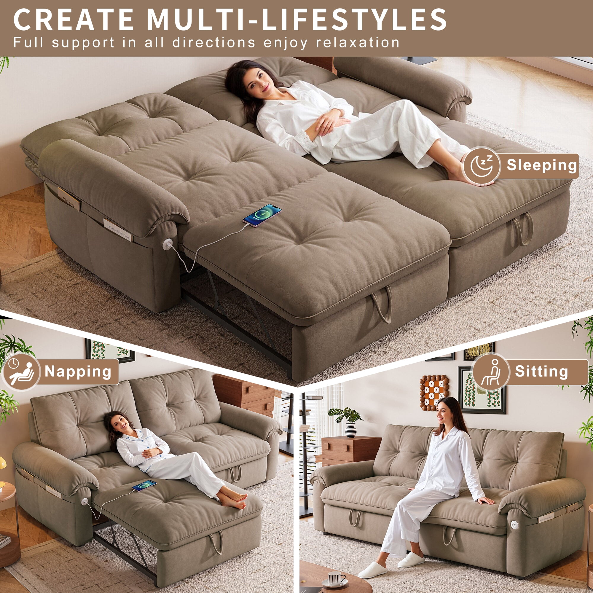 LLappuil 77" Pull Out Sofa Bed Queen Size, Loveseat Sofa Convertible Sleeper Sofa Bed, Flannelette Fabric Sofa Couch for Living Room Brown