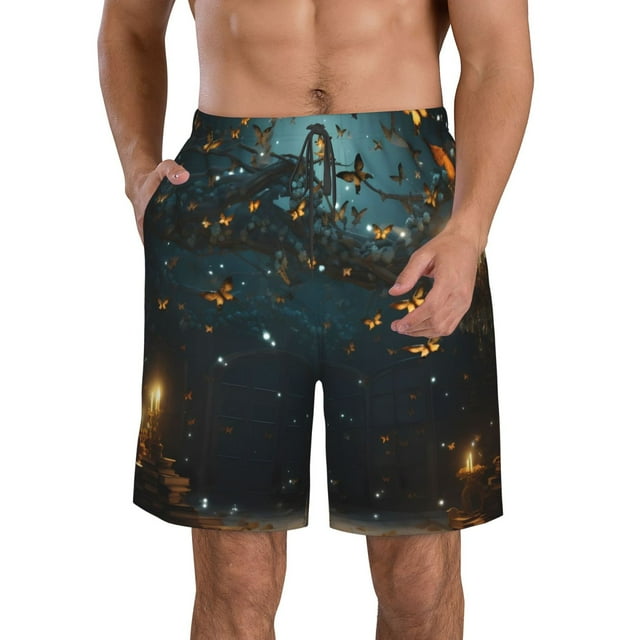 Wukai Magical Library Butterfly Night Print Beach Trunks with Compression Liner Swimsuit Quick Dry Beach Sports Shorts with Pocket-Large