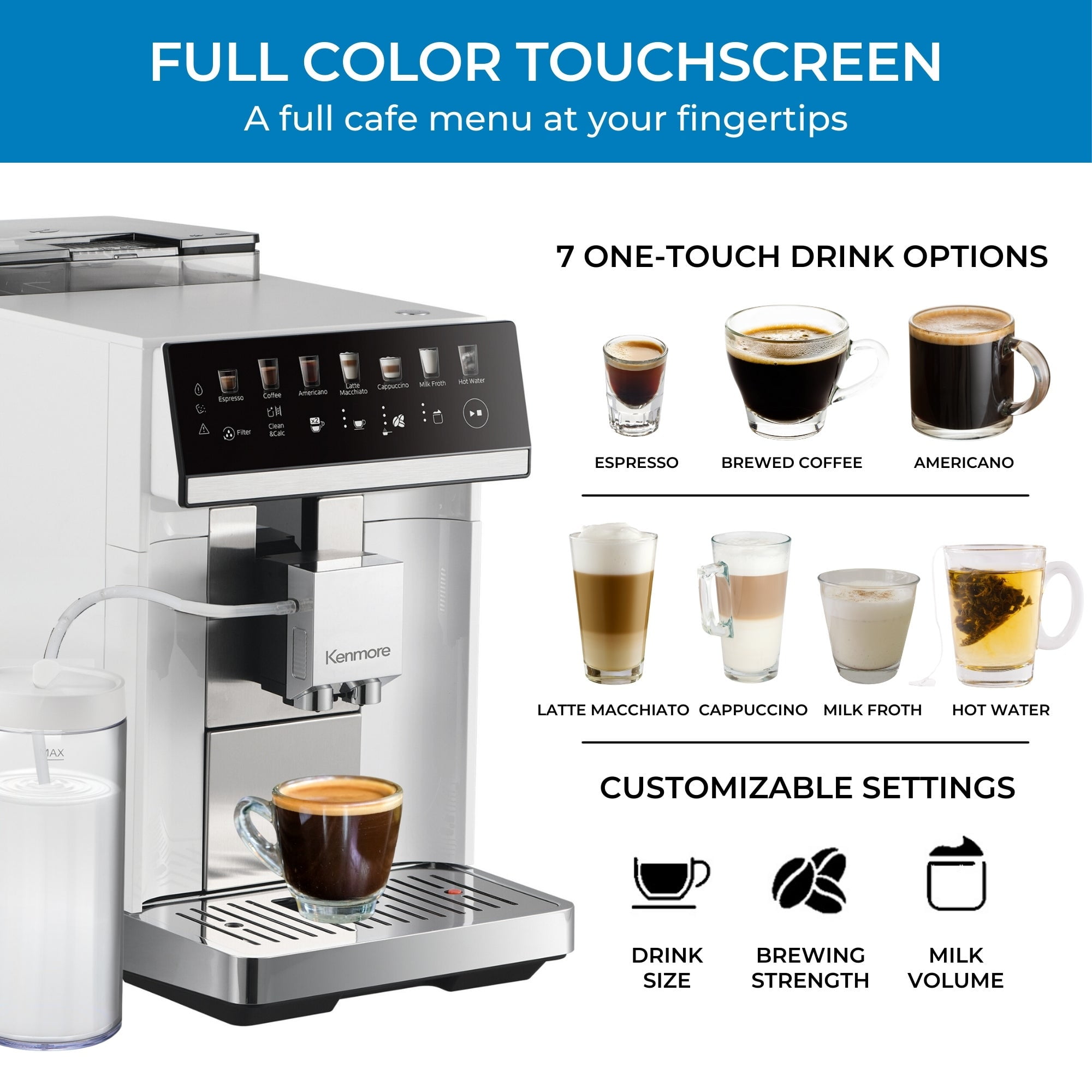 Kenmore Super Automatic Espresso Coffee Machine with Touchscreen White