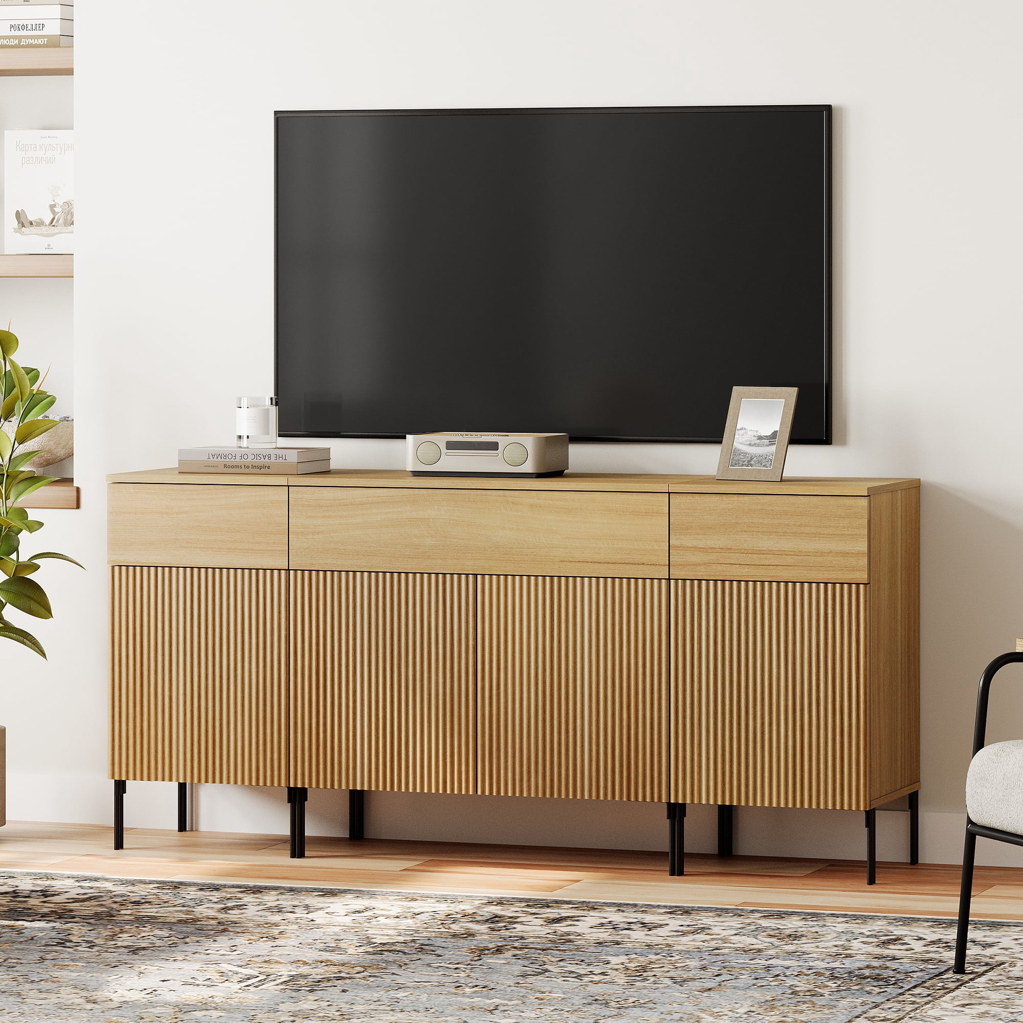 Modern Reeded Dresser TV Stand for TVs up to 75 Inch, Entertainment Center with Charging Station, Wooden TV Console with Storage for Living Room