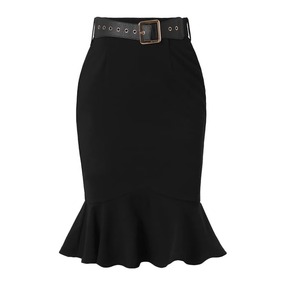 DARING DIVA Women's High Waisted Mermaid Ruffle Hem Pencil Skirts with Belt XS Black