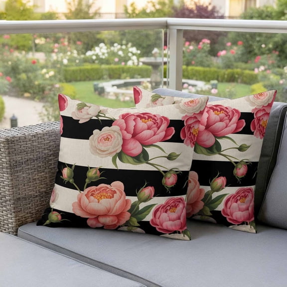 Pink Flower Peony Rose Retro Linen Waterproof Throw Pillow Covers Set of 2 Black and White Stripes Outdoor Cushion Cover Pillow Protector Decorative Pillowcases for Bed Sofa Couch