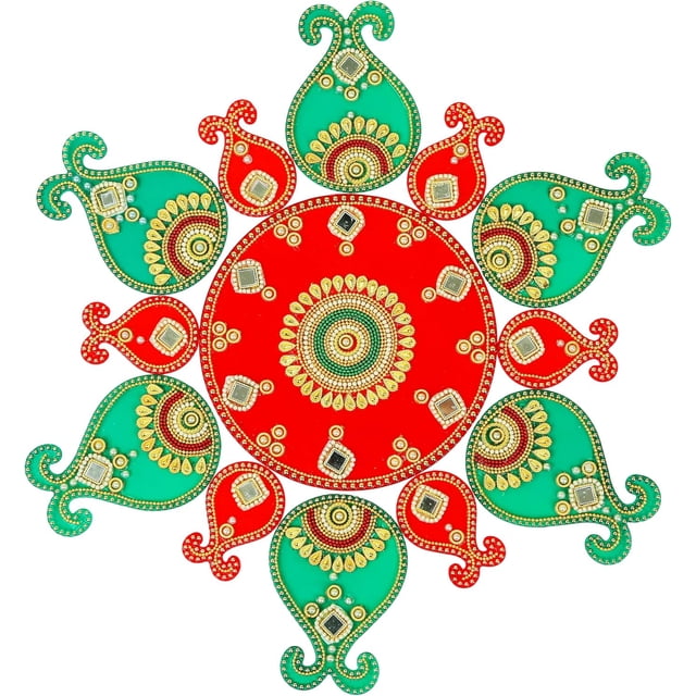 Designer Rangoli Réutilisable Rond Rangoli Acrylique Rangoli Décorations de Festival Traditionnel Indien Navratri Décoration de Sol Cadeau pour Maison Intérieur Pendaison de Crémaillère (Taille:-14 Pouces) (Rouge, Vert)