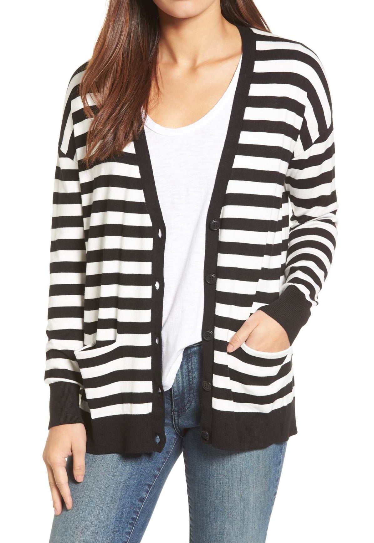 Halogen Womens Large Cardigan Striped Pocket Sweater L