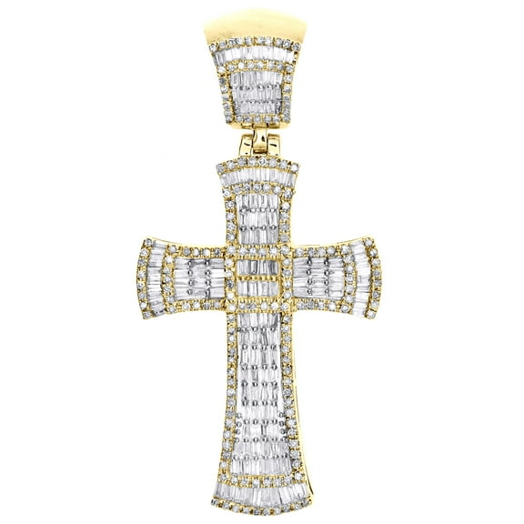 10K Yellow Gold Round & Baguette Diamond Fancy Cross Pendant 1.85" Charm 1.27 CT