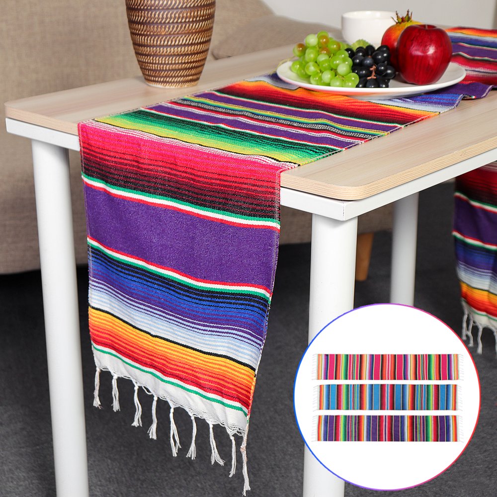 Reversible Mexican Table Runner Tablecloth with Tassels for Mexican Home Fiesta Party