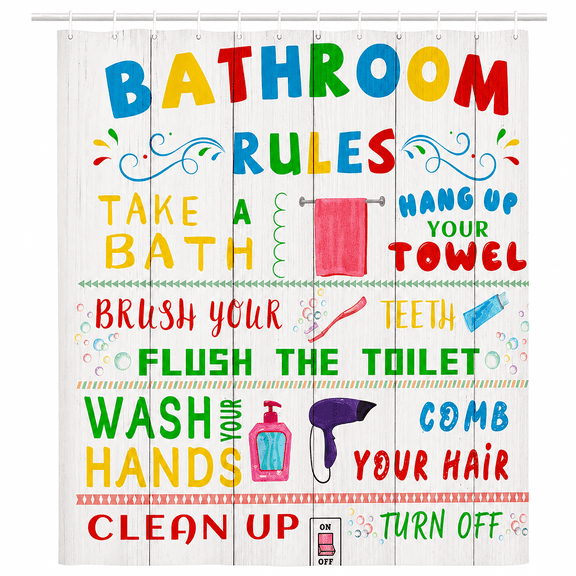 Kids Shower Curtain, Funny Teen Boy Girl Shower Curtain Set for College Dorm Bathroom, Cute Colorful Bathroom Rules Fabric Shower Curtain Restroom Bathtub Decor Accessories with Hooks 72X 72 inch