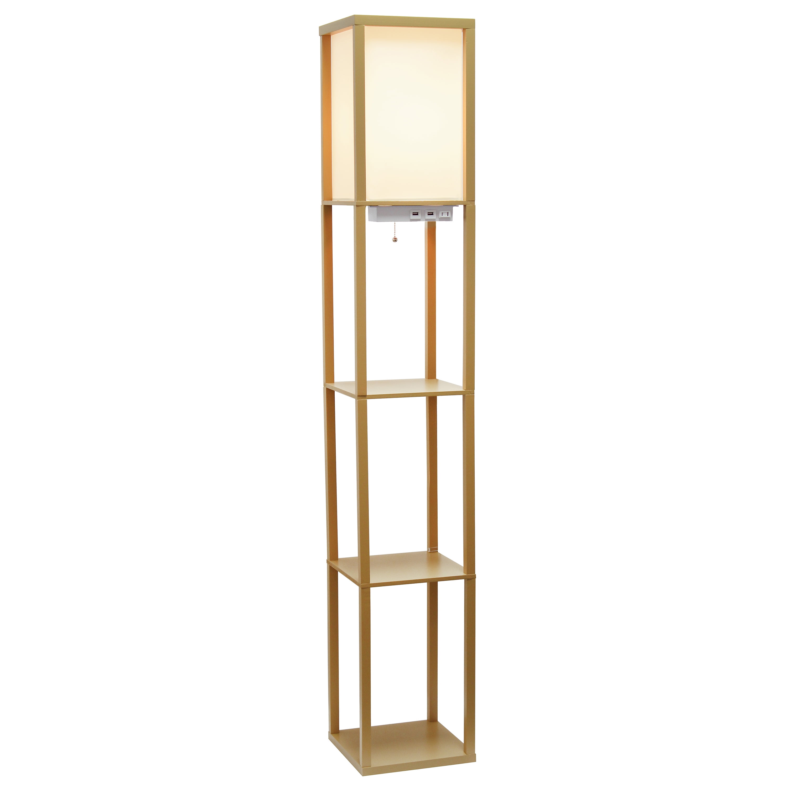 Simple Designs 62.5" 3-Shelf Etagere Floor Lamp with USB, Outlet & LED Bulb, Tan