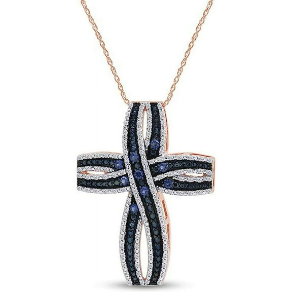 14K Rose Gold Finish Round Cut Blue Sapphire & White Diamond 925 Sterling Silver Cross Pendant Necklace for Women