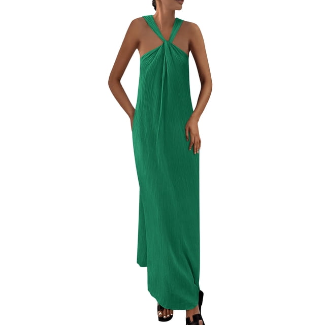 Vestido de verano PRETTYGARDEN para mujer 2025 con tiras holgadas, verde oscuro