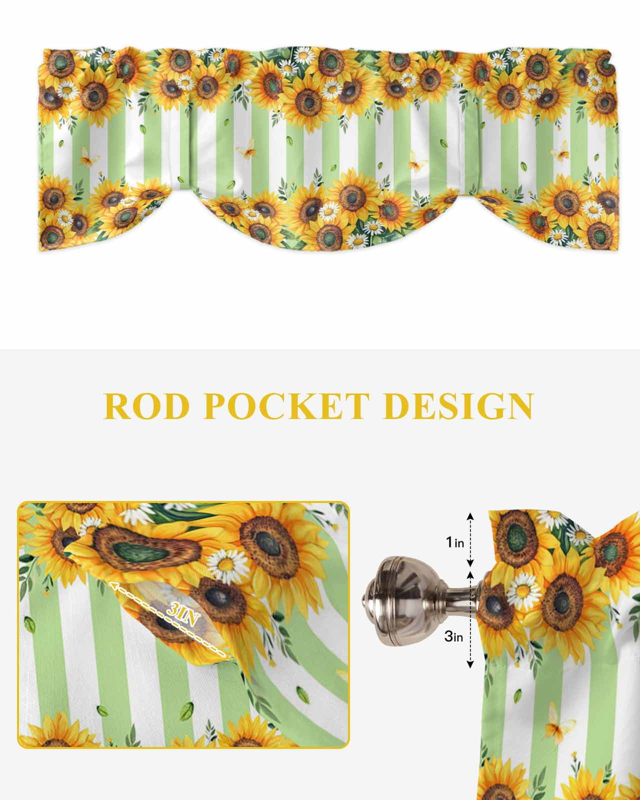 Summer Sunflower Tie Up Valances Curtain, Adjustable Kitchen Daisy Butterfly Leaf Green White Stripe Valances for Windows Decor, Rod Pocket Short Curtains Set for Bedroom/Bathroom, 54"x18"