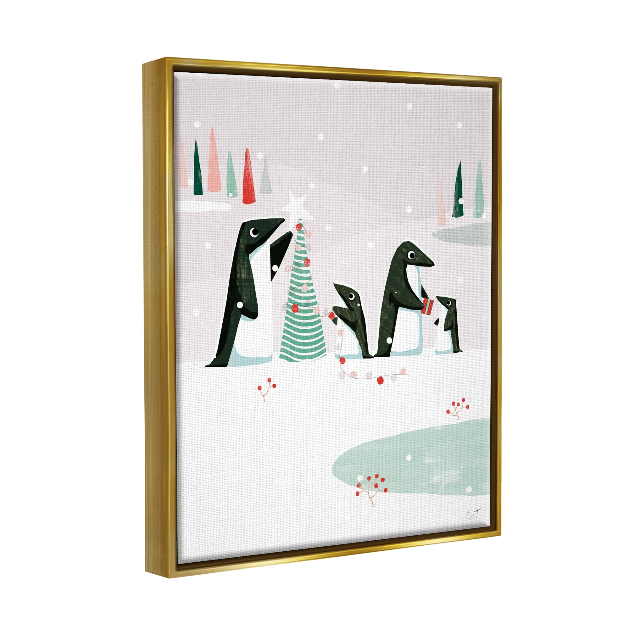 Stupell Industries Penguins Decorating Christmas Tree Holiday Painting Gold Floater Framed Art Print Wall Art