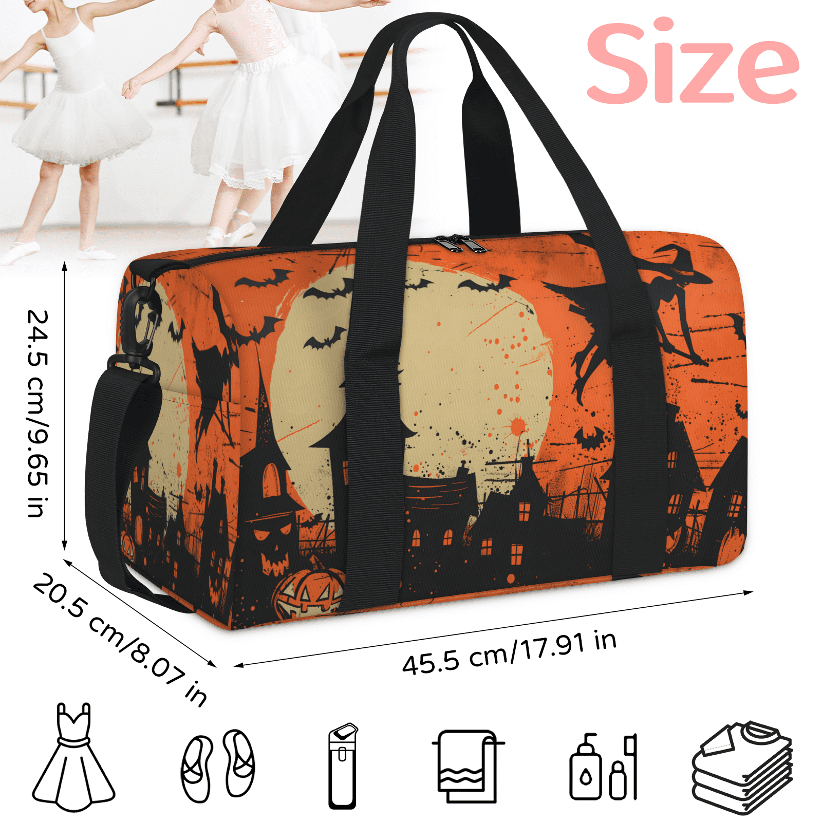 Herdesigns Halloween Themed Gym Bag for Women, Duffle Bag for Travel Sport, Lightweight Waterproof Carry on Weekender Overnight Dance Yoga Workout Bags