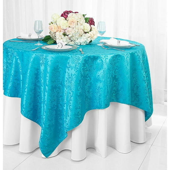 Wedding Linens Inc. 72" Square Damask Jacquard Polyester Table Overlays - Turquoise