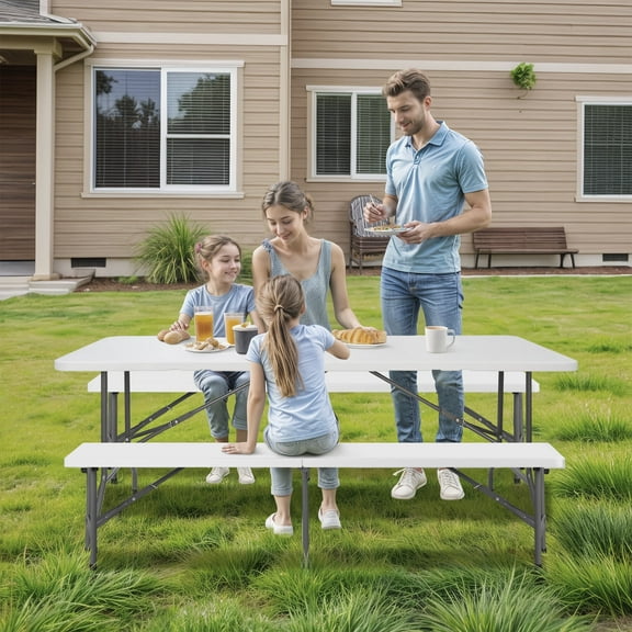 ZENY Folding Plastic Camping Table with Benches, White