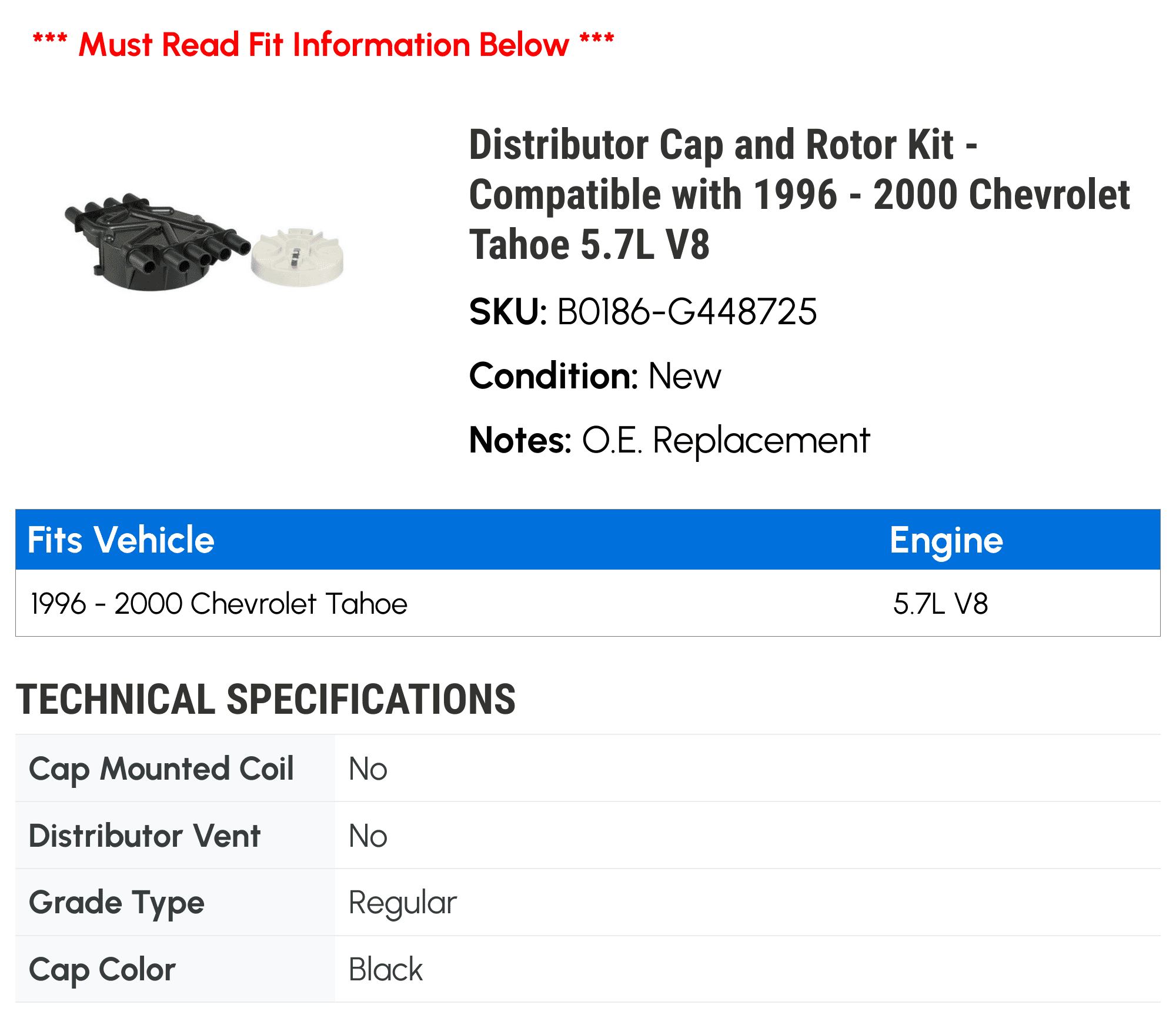 Distributor Cap and Rotor Kit - Compatible with 1996 - 2000 Chevy Tahoe 5.7L V8 1997 1998 1999