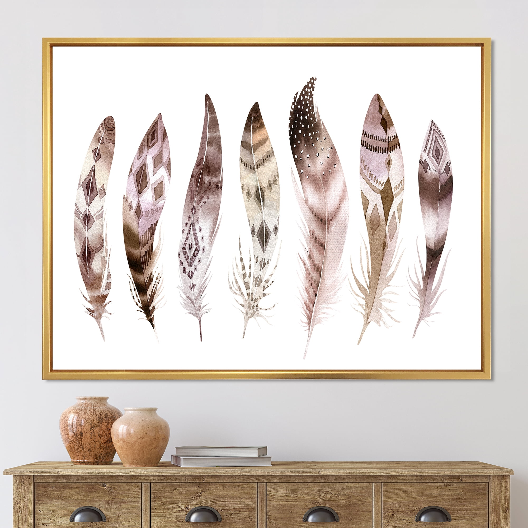 Designart 'Colourful Boho Art Feather Set X' Bohemian & Eclectic Framed Canvas Wall Art Print