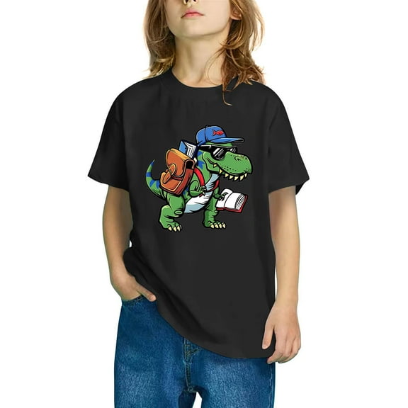 Riecok ween Girls Summer Short Sleeve Crewneck All-match Dinosaur Print Comfortable Soft Fashion Undershirts Tee Shirt Top Kids Blouse Black 9 T