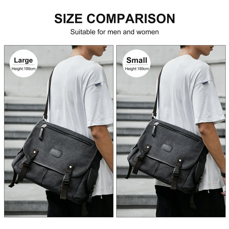 SYCNB Messenger Bag for Men,Water Resistant Unisex Canvas Shoulder Bag,Vintage Military Crossbody Bag,14 inch Laptop Bag, Adult Unisex, Size: Small, Black