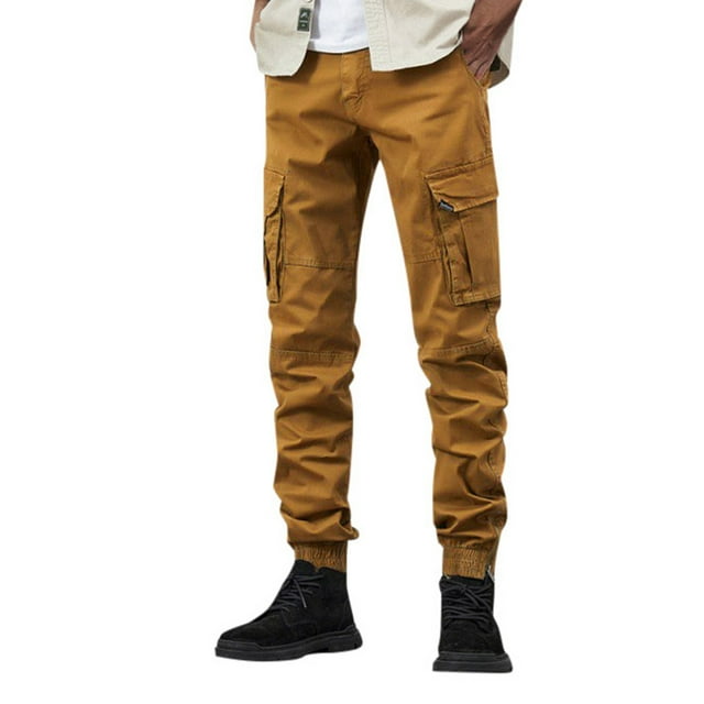 Cathalem Cargo Pants for Men Stretch Elastic Waist Work Pants,Yellow 32