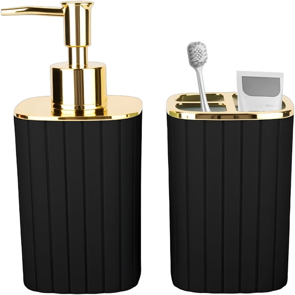 ACDANC 2026 New 2Pcs Bathroom Accessories Set,Black and Gold Bathroom Accessories Include Soap Dispenser and Toothbrush Holder for Bathroom Decor for Home,Hotel,Office
