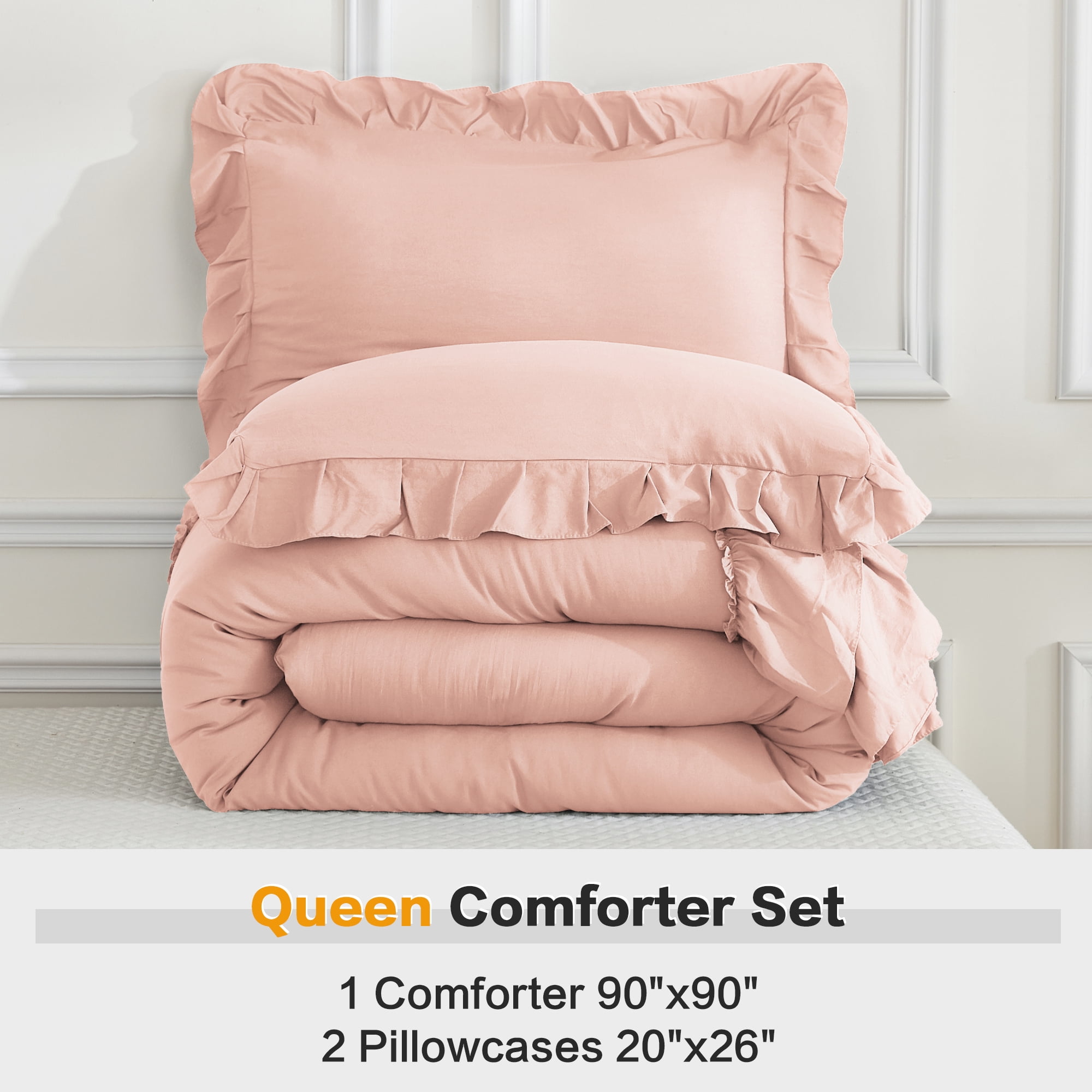 ANGENIA Ruffle Comforter Set Queen Size, 3 Pieces Blush Soft Fluffy Ruffled Bedding Comforter Sets for Queen Bed, Farmhouse Shabby Chic Bed Set for All Season