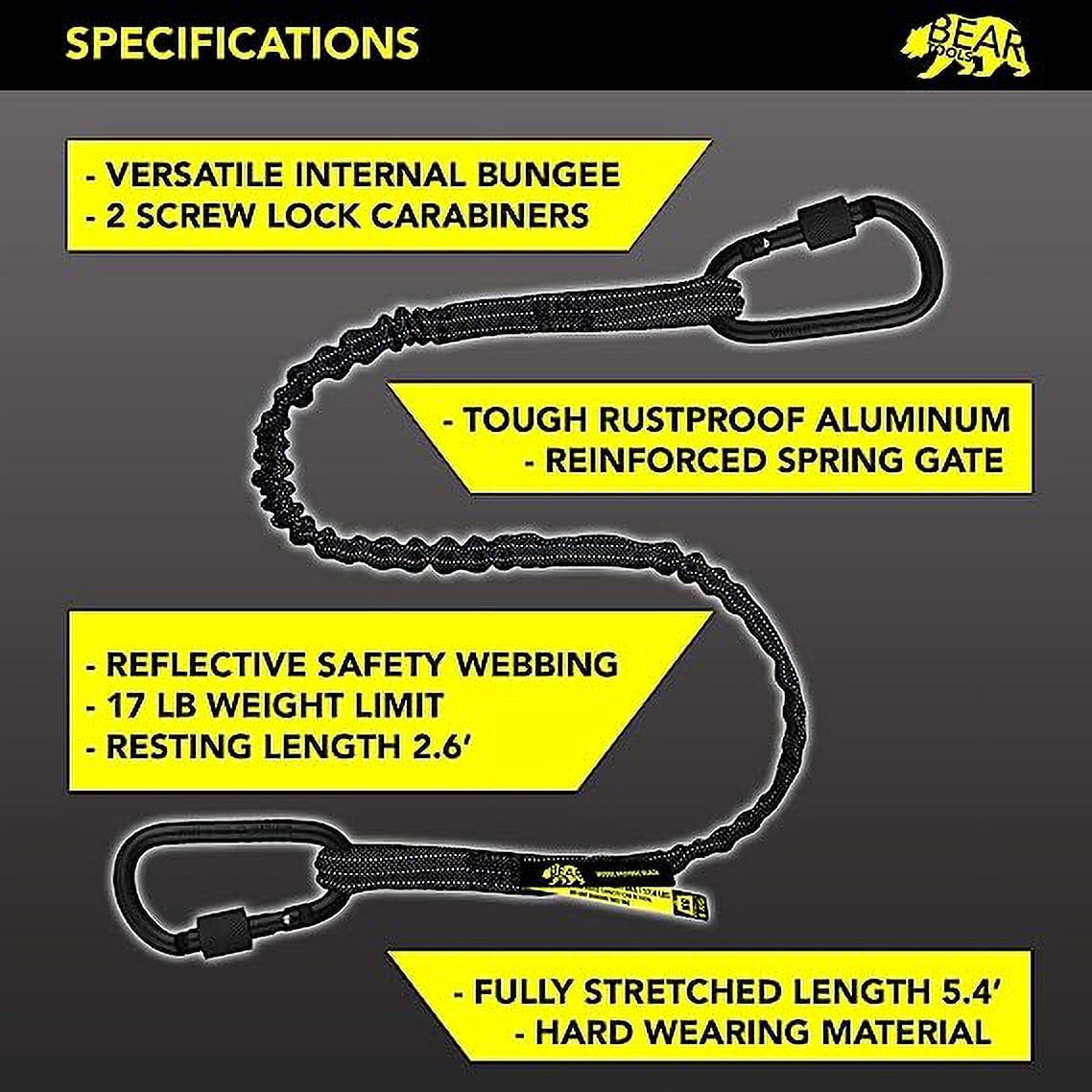 BearTOOLS Safety Lanyard, Dual Carabiner, Black 3 Pack