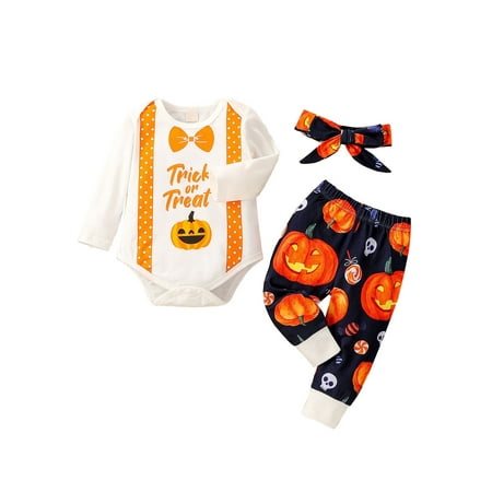 

Canrulo Newborn Baby Girl Boy Halloween Outfits Long Sleeve Pumpkin Print Romper Pants Headband 3Pcs Clothes White Blue 3-6 Months
