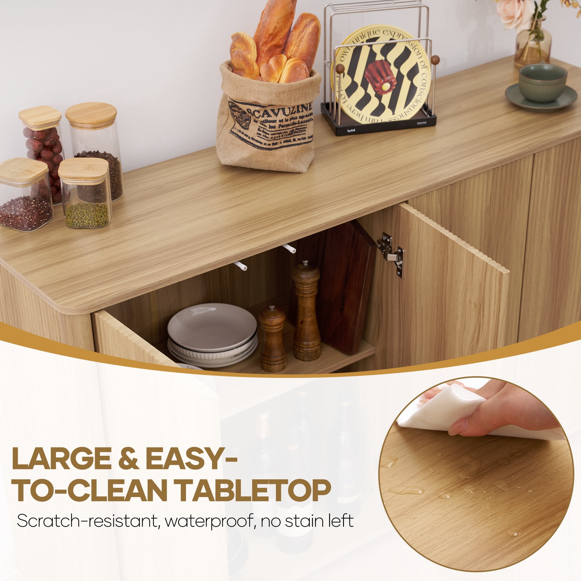 MARNUR 55"W Buffet Cabinet with Storage, Modern Coffee Bar Cabinet with 3-Sided Wave Fluted Design, Adjustable Shelves, Anti-Tip, Easy Clean Top for Kitchen, Dining Room, Living Room, Oak