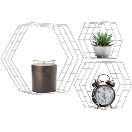 Sorbus® Floating Hexagon Shelves - Wall-Mounted Geometric Metal Wall Décor for Photos, Collectibles, Plants, and More, (Set of 3, WHITE)
