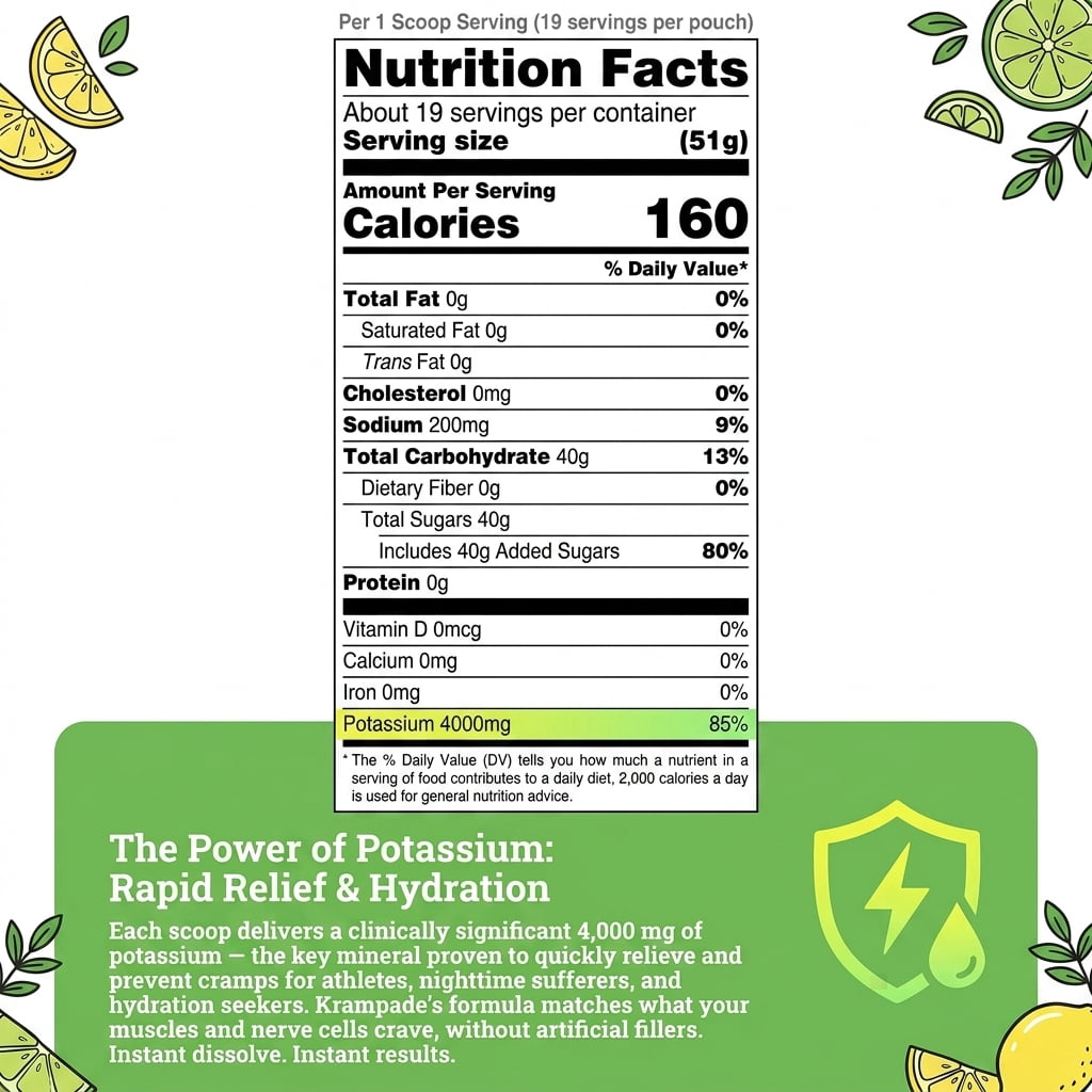 Krampade High Potassium Electrolyte Powder Supplement Lemon Lime Flavor Instant Cramp Relief 19-Serving